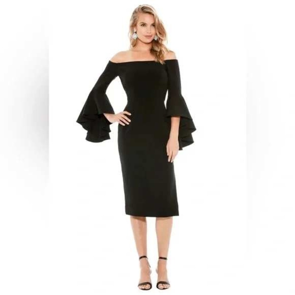Milly Womens Black Off the Shoulder Bell Sleeve Sheath Midi Dress Size 8